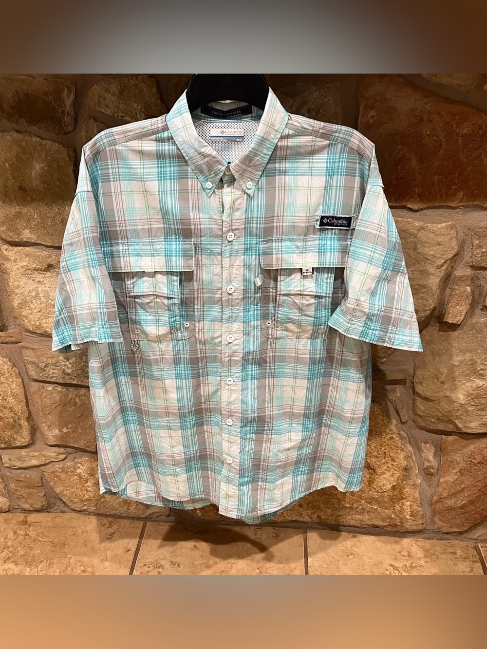 Columbia Super Bahama Vented Fishing Shirt Men’s Medium Aqua Blue Gray & White